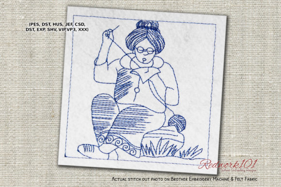 Grandma Sewing Redwork Review for Business Merch
