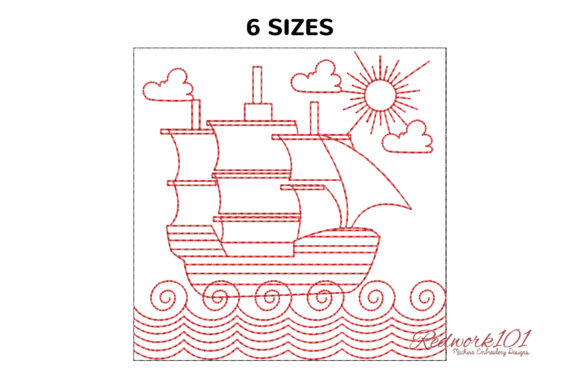 Ship in Ocean Water Redwork Embroidery